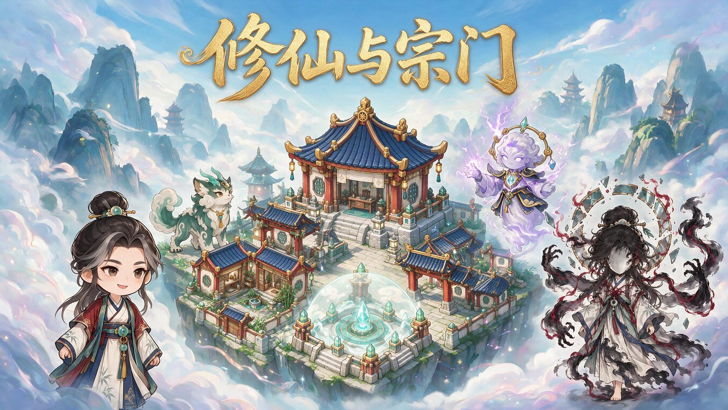《修仙与宗门》主视觉海报：云海之上的宗门与弟子